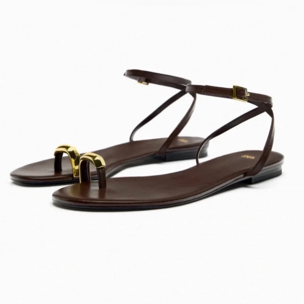 Zara Brown Leather Metal Toe Ring Sandals Size 38 - Picture 3 of 10